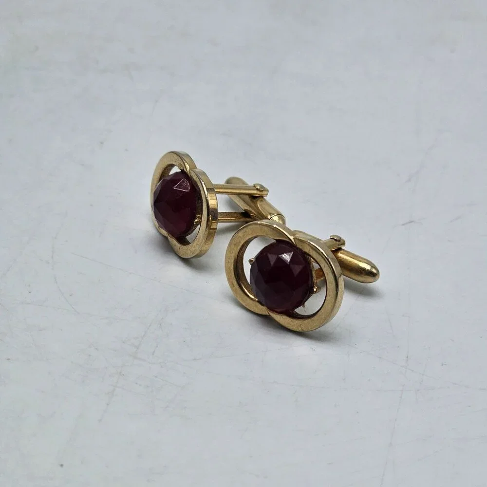 Vintage Swank Double Ring Cufflinks With Red Rose Cut Ruby Rhinestone